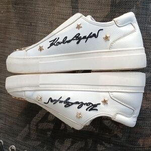 Women Sz 7 White Sneakers‎ with Gold Accents. Karl LAGERFIELD